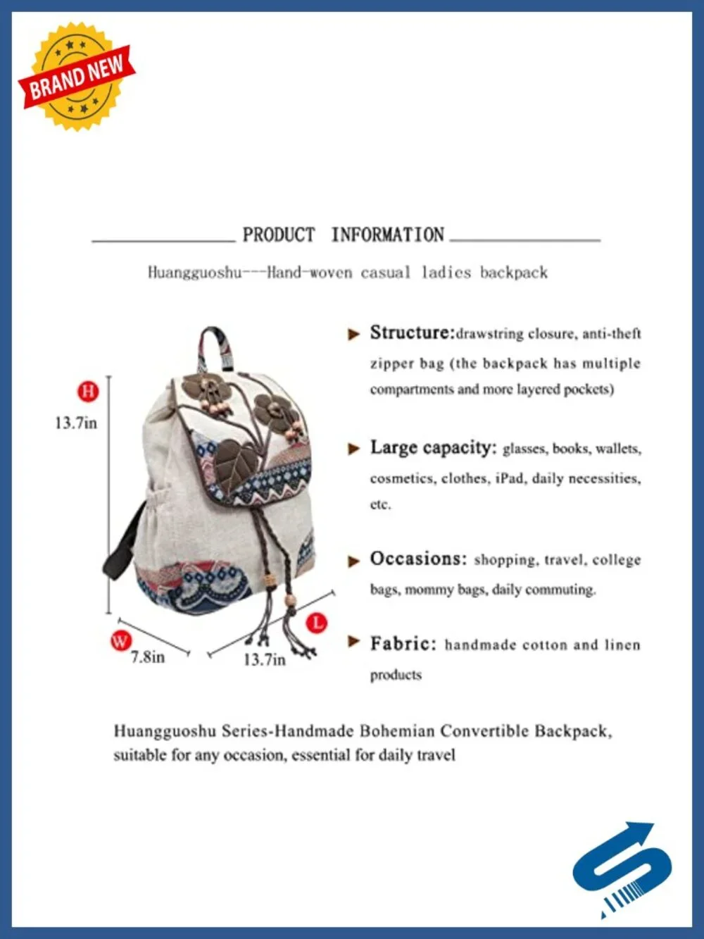 Vintage Boho Drawstring Anti-theft Canvas Backpack Purse with Flap